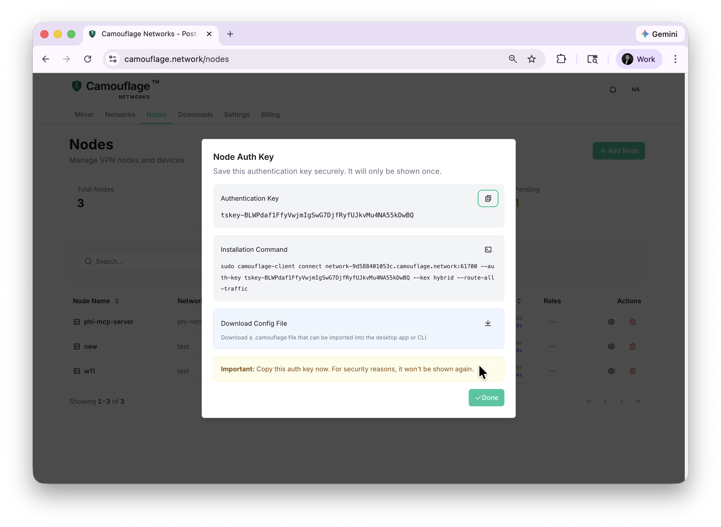 Node auth key and connection profile