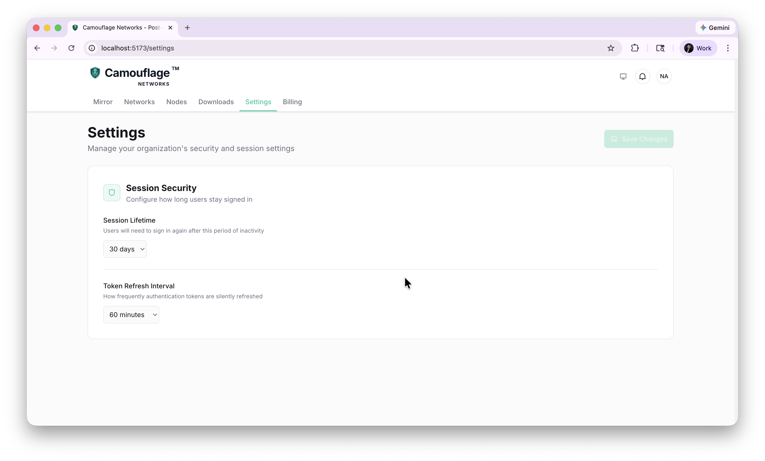 Settings page