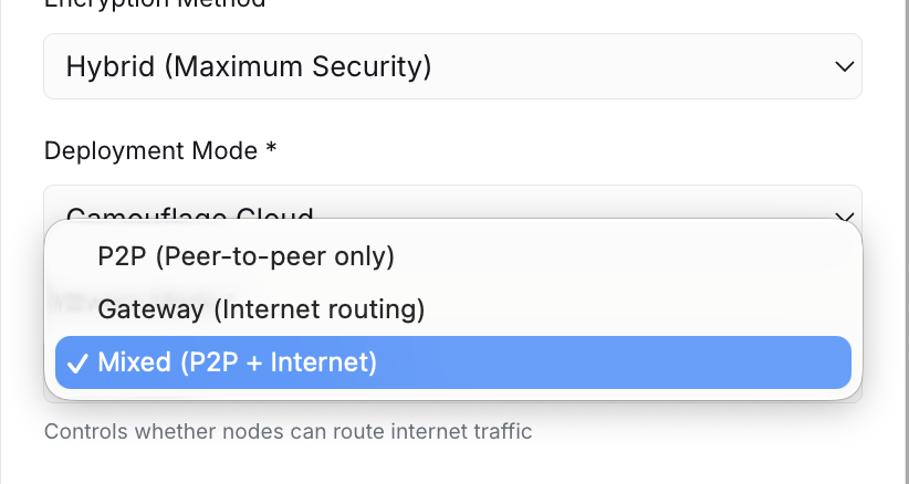 Network modes dropdown